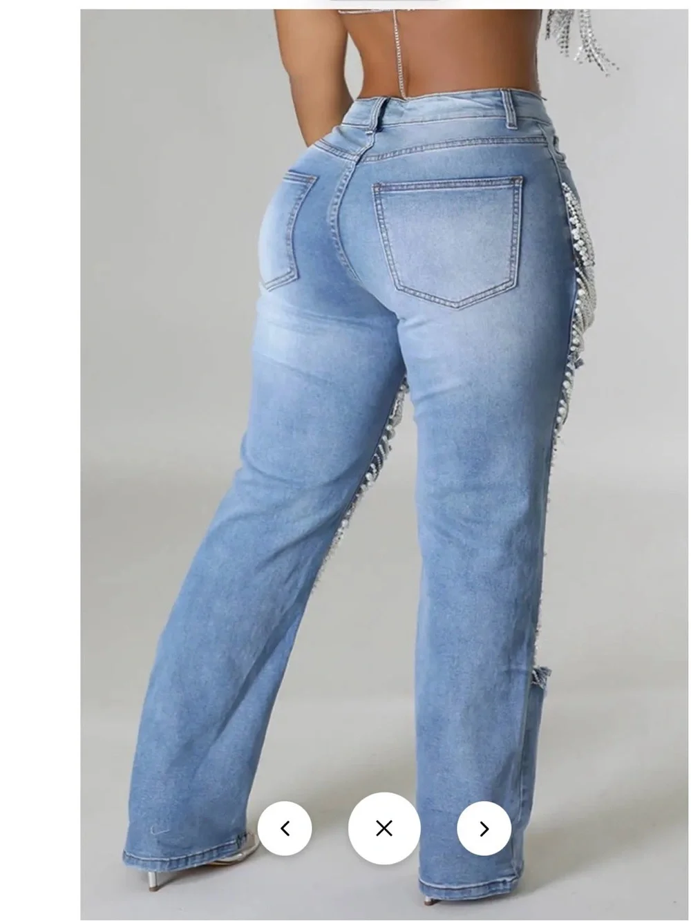 Pearl-Trim Distressed Light Blue Boyfriend Jeans